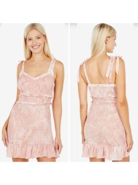 NWT BCBG Generation Pink Tie Dye Woven Smocked Sleeveles Bow Dress Large